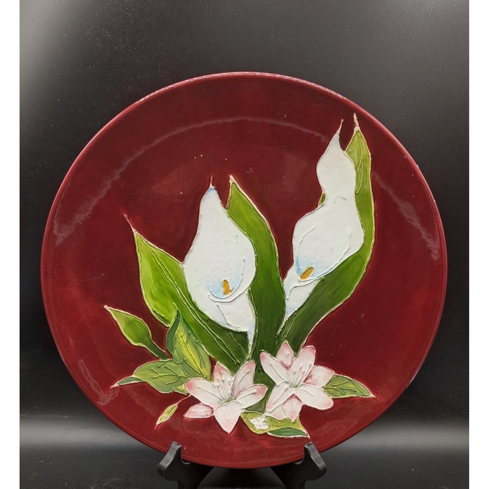 Red Ceramic Decorative Plate White Calla Lily Pink Floral Raised Relief 11.75"
